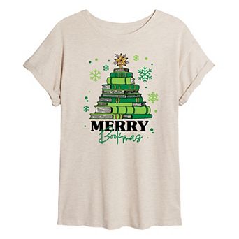 Juniors' Merry Bookmas Oversized Christmas Graphic Tee