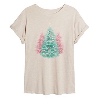 Juniors' Pastel Christmas Trees Oversized Graphic Tee