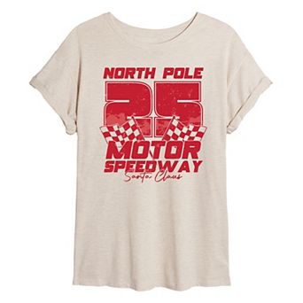 Juniors' North Pole Motor Speedway Oversized Christmas Graphic Tee