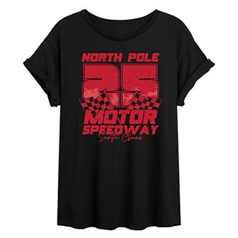 Juniors' North Pole Motor Speedway Oversized Christmas Graphic Tee