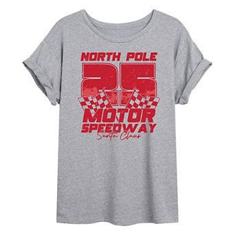 Juniors' North Pole Motor Speedway Oversized Christmas Graphic Tee