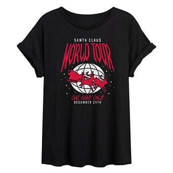 Juniors' Santa Claus World Tour Oversized Christmas Graphic Tee