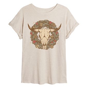 Juniors' Cow Skull Wreath Oversized Christmas Graphic Tee