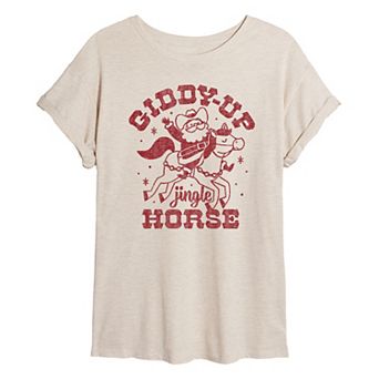 Juniors' Giddy Up Jingle Horse Oversized Oversized Christmas Graphic Tee