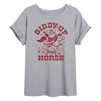 Juniors' Giddy Up Jingle Horse Oversized Oversized Christmas Graphic Tee