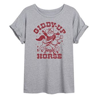Juniors' Giddy Up Jingle Horse Oversized Oversized Christmas Graphic Tee