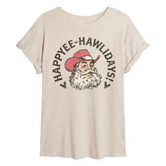 Juniors' Happyee Hawlidays Oversized Christmas Graphic Tee
