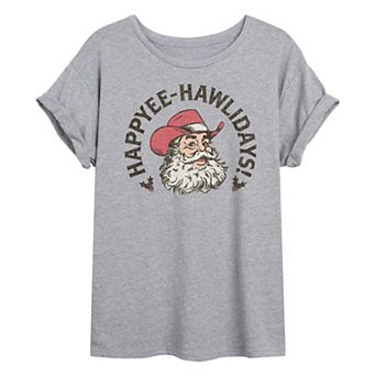 Juniors' Happyee Hawlidays Oversized Christmas Graphic Tee