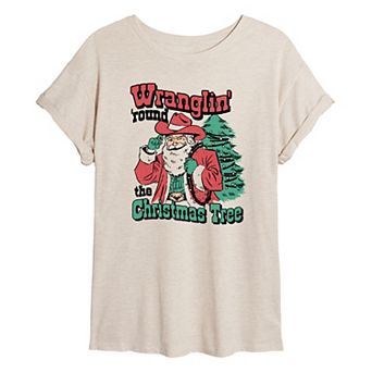 Juniors' Wranglin' 'Round the Christmas Tree Oversized Graphic Tee