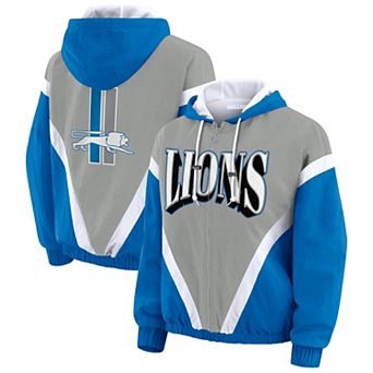 Women's WEAR by Erin Andrews Blue/Silver Detroit Lions Retro Crinkle Full-Zip Hoodie Windbreaker