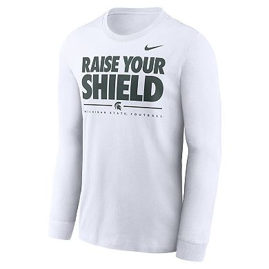 Men's Nike White Michigan State Spartans 2025 Football Fan Raise Your Shield Long Sleeve T-Shirt