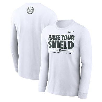 Men's Nike White Michigan State Spartans 2025 Football Fan Raise Your Shield Long Sleeve T-Shirt