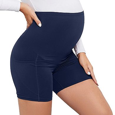 Women's Solid Color High Waisted Belly Lifting Pocket Maternity Shorts Workout Active Short Pants