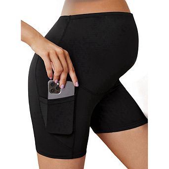 Women's Solid Color High Waisted Belly Lifting Pocket Maternity Shorts Workout Active Short Pants