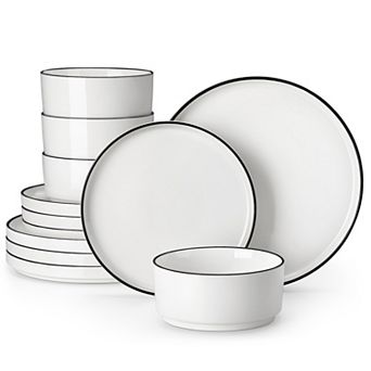 12 pc Porcelain Dining Set for 4, incl. Dinner, Dessert Plates, Bowls, Cream White with Black Rim