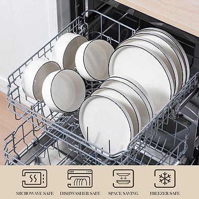 12-pcs Porcelain Dining Set for 4, incl. Dinner, Dessert Plates, Bowls, Cream White with Black Rim