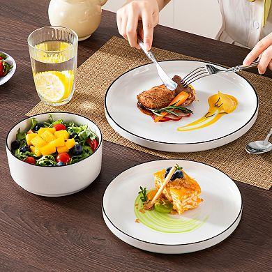12-pcs Porcelain Dining Set for 4, incl. Dinner, Dessert Plates, Bowls, Cream White with Black Rim