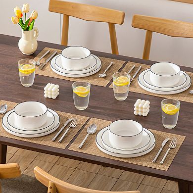 12-pcs Porcelain Dining Set for 4, incl. Dinner, Dessert Plates, Bowls, Cream White with Black Rim