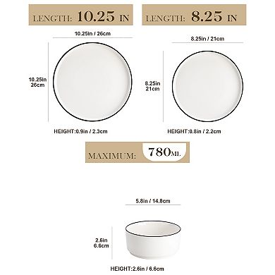 12-pcs Porcelain Dining Set for 4, incl. Dinner, Dessert Plates, Bowls, Cream White with Black Rim