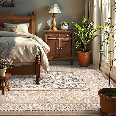 Garvee Floral Borderd Machine Washable Rug with Non Slip Backing for Living Room Bedroom