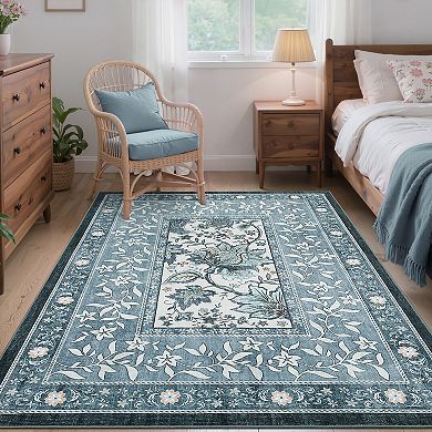 Garvee Floral Borderd Machine Washable Rug with Non Slip Backing for Living Room Bedroom