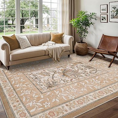 Garvee Floral Borderd Machine Washable Rug with Non Slip Backing for Living Room Bedroom
