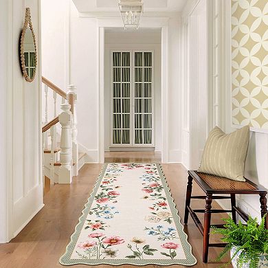 Garvee Farmhouse Floral Machine Washable Rug with Rubber Backing Soft Non Shedding Scalloped Carpet