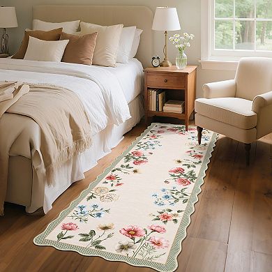 Garvee Farmhouse Floral Machine Washable Rug with Rubber Backing Soft Non Shedding Scalloped Carpet