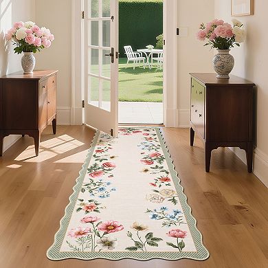 Garvee Farmhouse Floral Machine Washable Rug with Rubber Backing Soft Non Shedding Scalloped Carpet