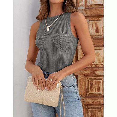 Womens Knit Rib Causal Sleeveless Vest Round Neck Knitwear Slim Fit Pullover Sweater Tank Tops