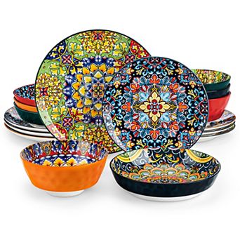 16 pc Porcelain Dining Set for 4, incl. Dinner, Dessert, Soup Plates, Bowls, Bohemian Style