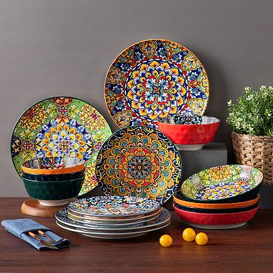 16-pcs Porcelain Dining Set for 4, incl. Dinner, Dessert, Soup Plates, Bowls, Bohemian Style