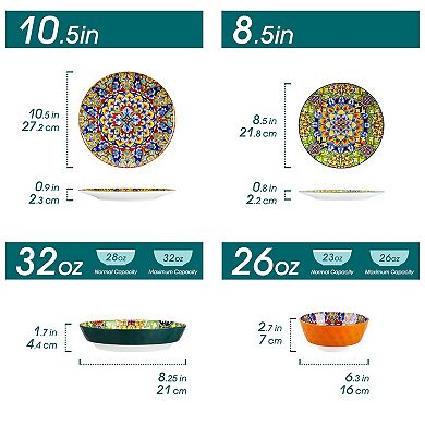 16-pcs Porcelain Dining Set for 4, incl. Dinner, Dessert, Soup Plates, Bowls, Bohemian Style