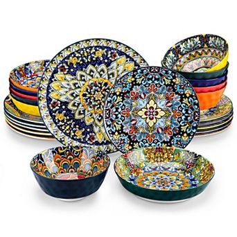24 pc Porcelain Dining Set for 6 Persons, incl. Dinner, Dessert, Soup Plates, Bowls, Boho Style