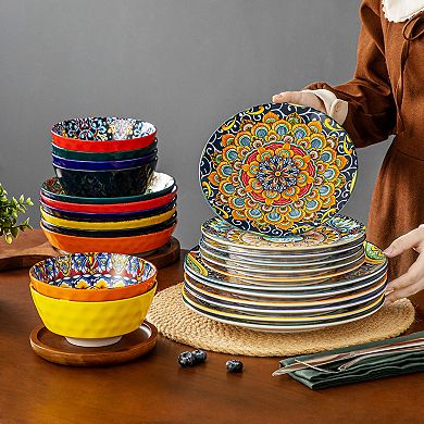 24-pcs Porcelain Dining Set for 6 Persons, incl. Dinner, Dessert, Soup Plates, Bowls, Boho Style