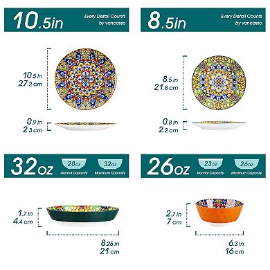 24-pcs Porcelain Dining Set for 6 Persons, incl. Dinner, Dessert, Soup Plates, Bowls, Boho Style