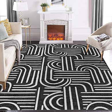 Washable Non Slip Indoor Area Rugs Foldable for Living Room Bedroom Modern Line Rhythm Arc