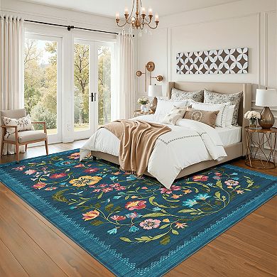 Garvee Floral Machine Washable Rug Non-Slip Farmhouse Floor Cover, Stain-Resistant Low Pile Mat