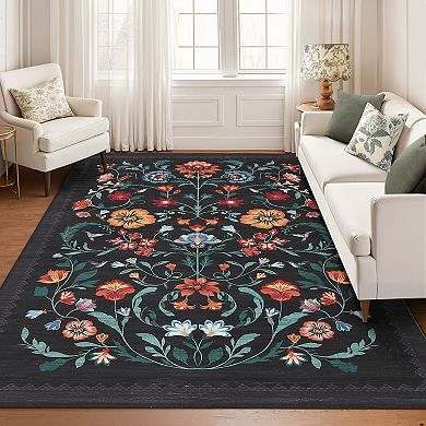 Garvee Floral Machine Washable Rug Non-Slip Farmhouse Floor Cover, Stain-Resistant Low Pile Mat