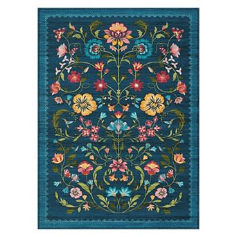 Garvee Floral Machine Washable Rug Non-Slip Farmhouse Floor Cover, Stain-Resistant Low Pile Mat