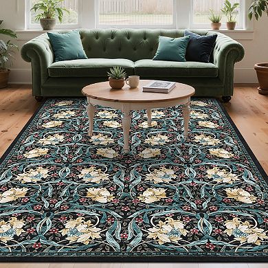 Garvee Floral Machine Washable Rug Non-Slip Foldable Low Pile Indoor Mat for Living Room Bedroom