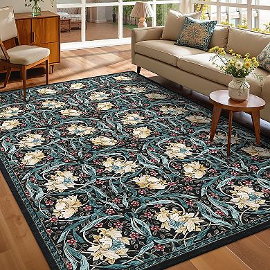 Garvee Floral Machine Washable Rug Non-Slip Foldable Low Pile Indoor Mat for Living Room Bedroom