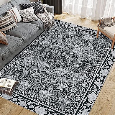 Washable Non Slip Indoor Area Rugs Foldable for Living Room Bedroom Persia Flower Art