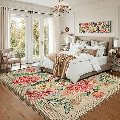 Garvee Floral Machine Washable Rug Non-Slip Farmhouse Floor Cover for Living Room