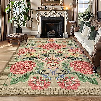 Garvee Floral Machine Washable Rug Non-Slip Farmhouse Floor Cover for Living Room