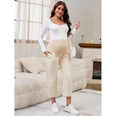 Women's Maternity Pants Pleated Over Belly Straight Elastic Waist with Pocket Slack Pregnancy Lounge