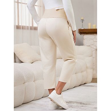 Women's Maternity Pants Pleated Over Belly Straight Elastic Waist with Pocket Slack Pregnancy Lounge