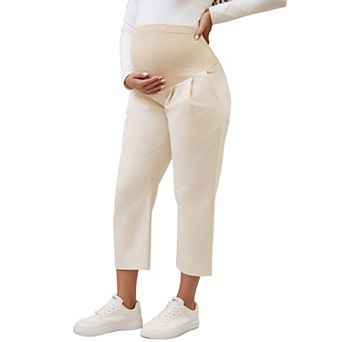 Women's Maternity Pants Pleated Over Belly Straight Elastic Waist with Pocket Slack Pregnancy Lounge