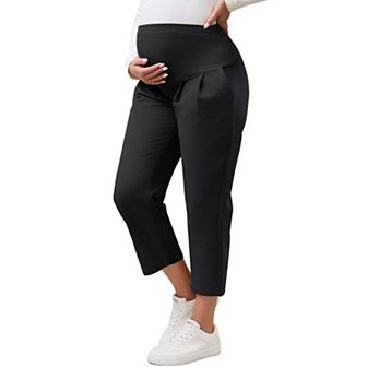 Women's Maternity Pants Pleated Over Belly Straight Elastic Waist with Pocket Slack Pregnancy Lounge