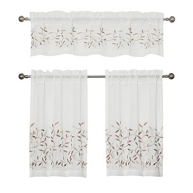 Kate Aurora Embroidered Complete 3 Piece Floral Rod Pocket Cafe Kitchen Curtain Tier and Valance Set